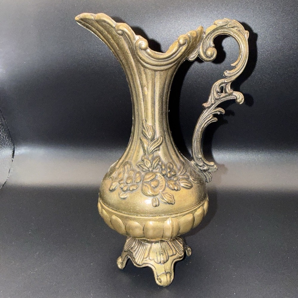Vintage 7" Italian Brass Pitcher Rococo Style Made in Italy Ornate Footed Vase